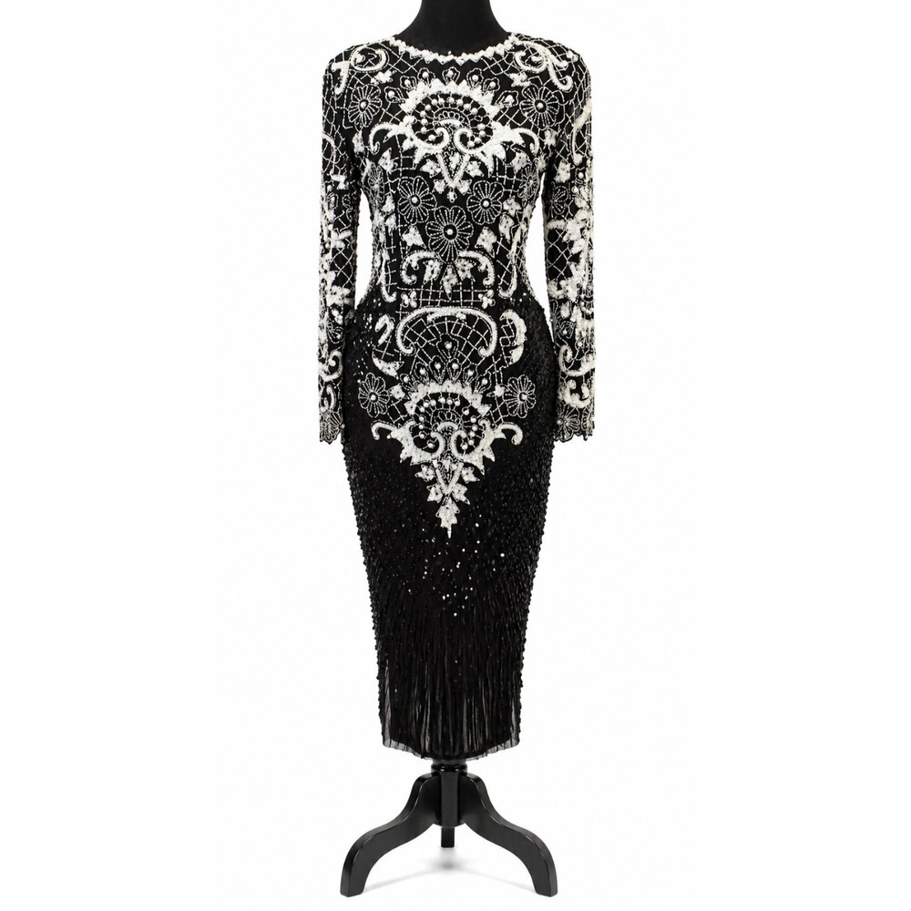 Swee Lo Womens Art Deco Long Sleeve Cocktail Dress Size Small Black Silk Sequins